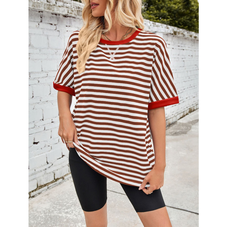 Lovelet Striped Round Neck Half Sleeve T-Shirt Rust / S Apparel and Accessories