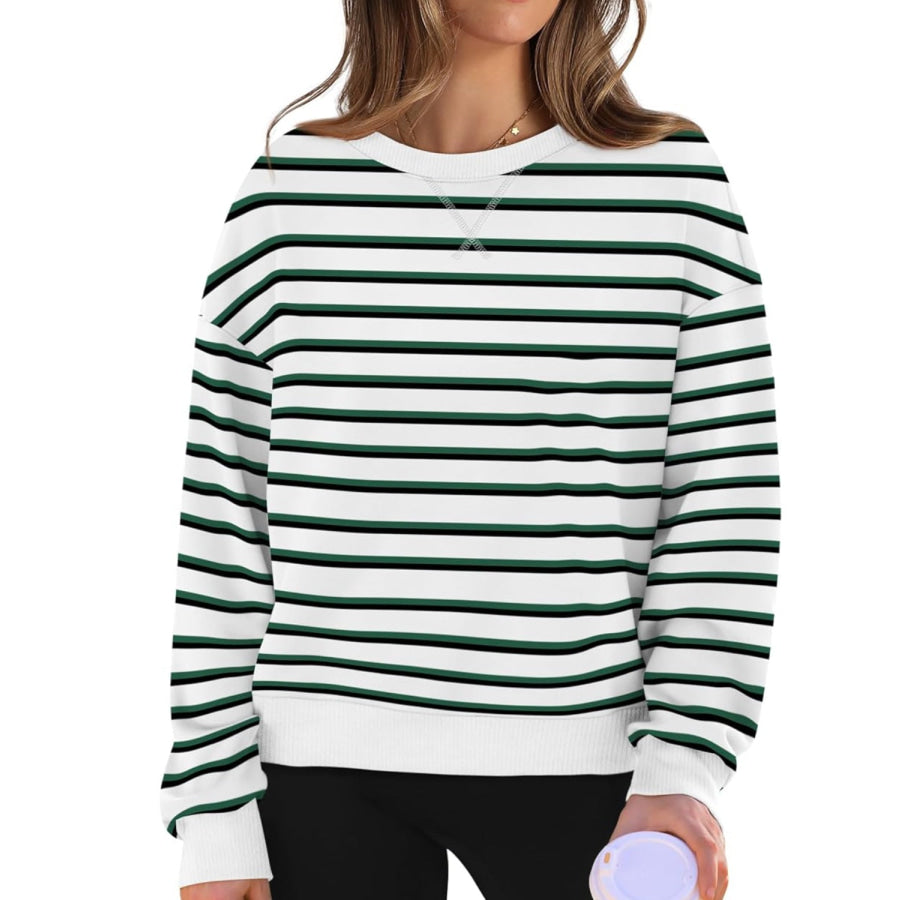 Lovelet Striped Round Neck Long Sleeve Sweatshirt Apparel and Accessories