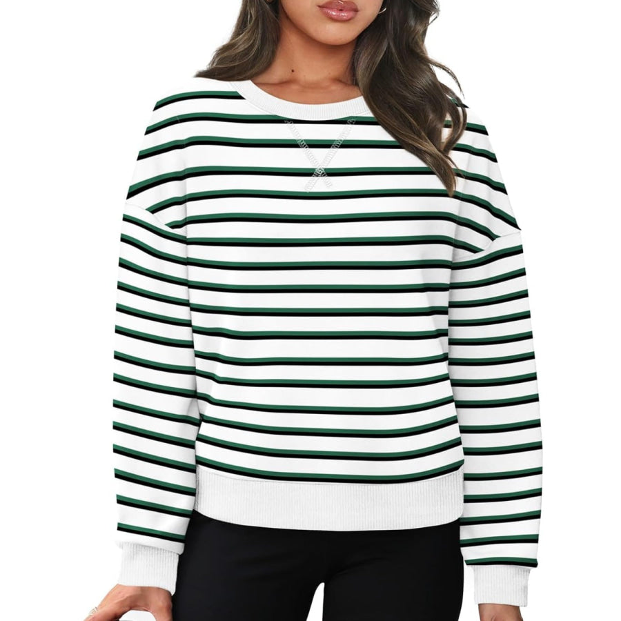 Lovelet Striped Round Neck Long Sleeve Sweatshirt Apparel and Accessories