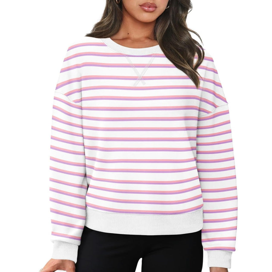 Lovelet Striped Round Neck Long Sleeve Sweatshirt Apparel and Accessories