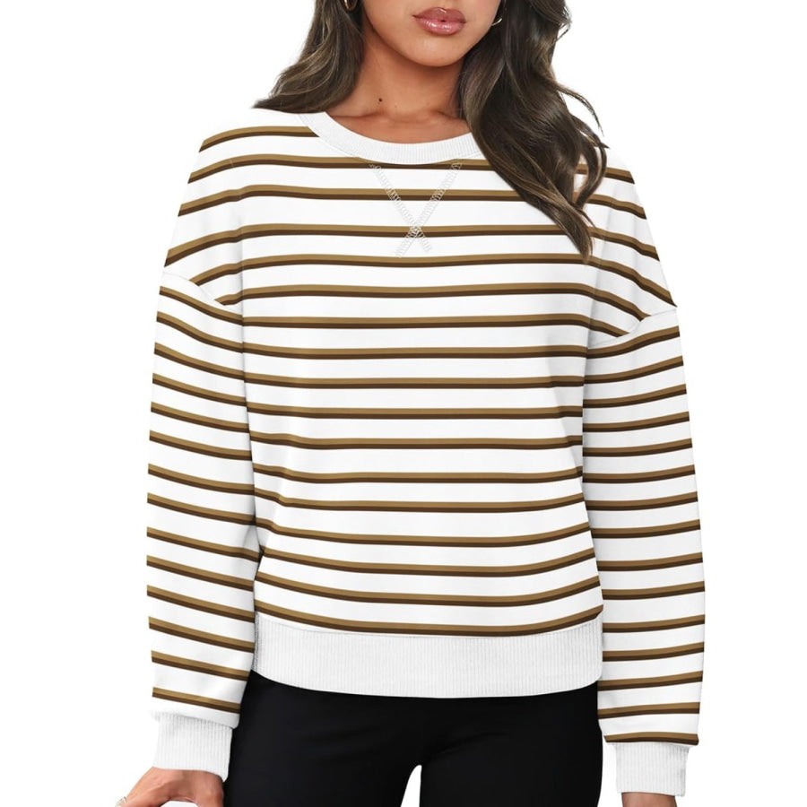 Lovelet Striped Round Neck Long Sleeve Sweatshirt Apparel and Accessories