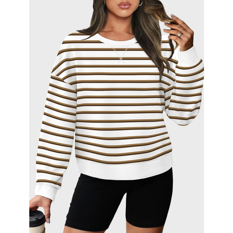 Lovelet Striped Round Neck Long Sleeve Sweatshirt Camel / S Apparel and Accessories