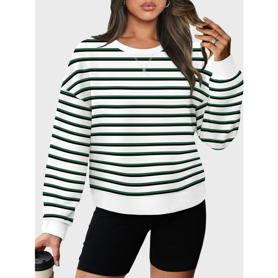 Lovelet Striped Round Neck Long Sleeve Sweatshirt Dark Green / S Apparel and Accessories