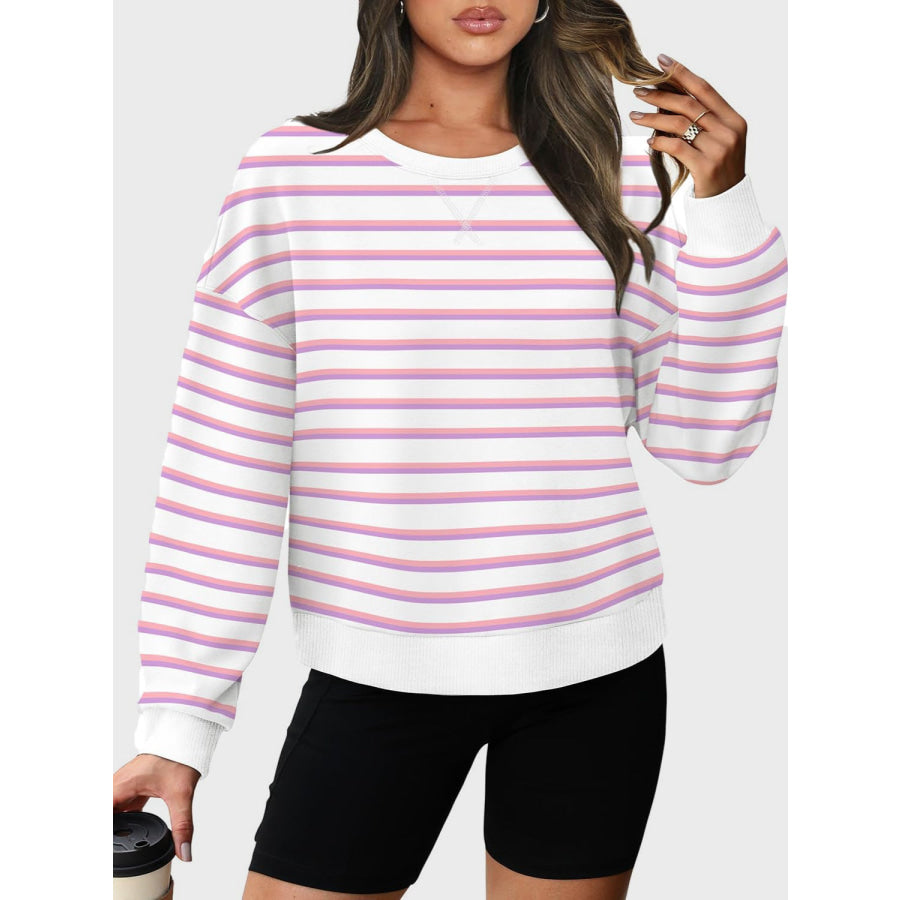 Lovelet Striped Round Neck Long Sleeve Sweatshirt Dusty Pink / S Apparel and Accessories