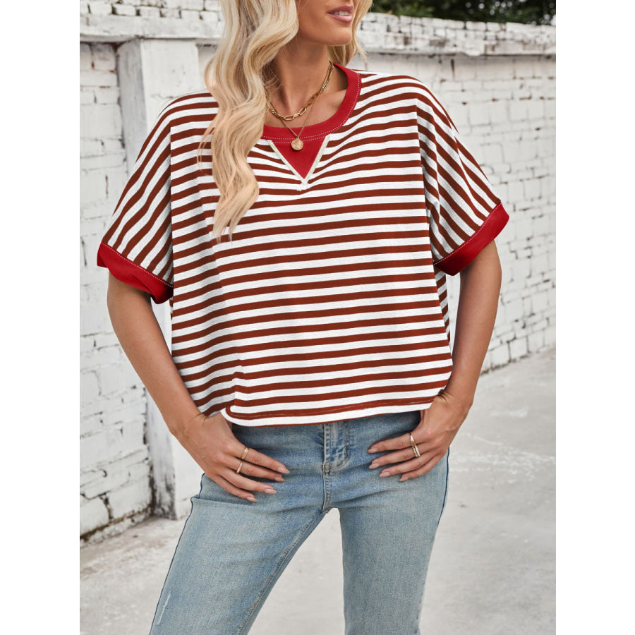 Lovelet Striped Round Neck Short Sleeve T-Shirt Apparel and Accessories