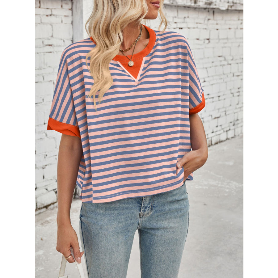 Lovelet Striped Round Neck Short Sleeve T-Shirt Apparel and Accessories