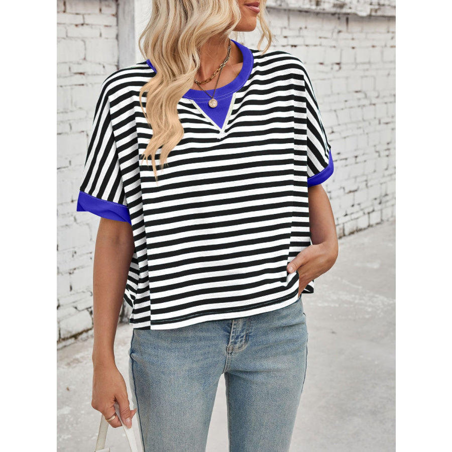 Lovelet Striped Round Neck Short Sleeve T-Shirt Apparel and Accessories