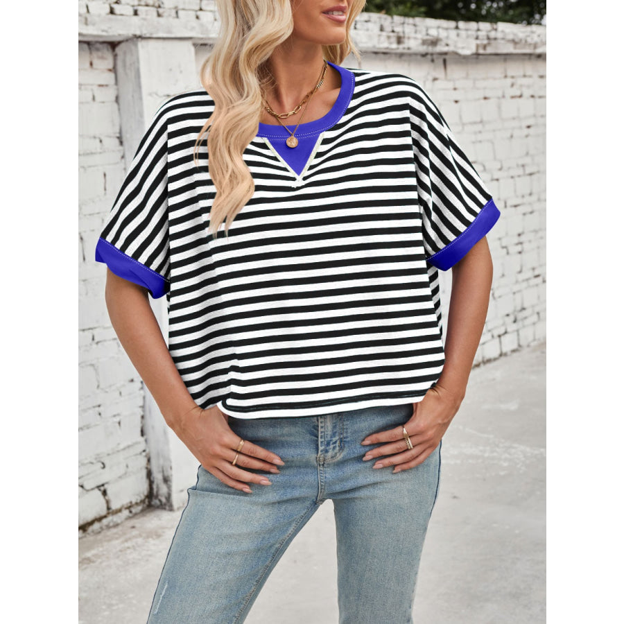 Lovelet Striped Round Neck Short Sleeve T-Shirt Apparel and Accessories