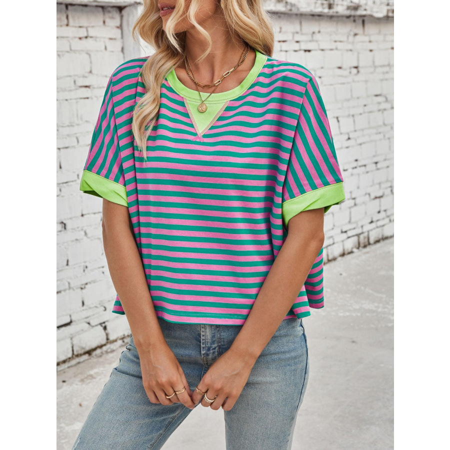 Lovelet Striped Round Neck Short Sleeve T-Shirt Apparel and Accessories