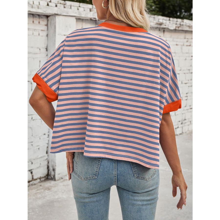 Lovelet Striped Round Neck Short Sleeve T-Shirt Apparel and Accessories