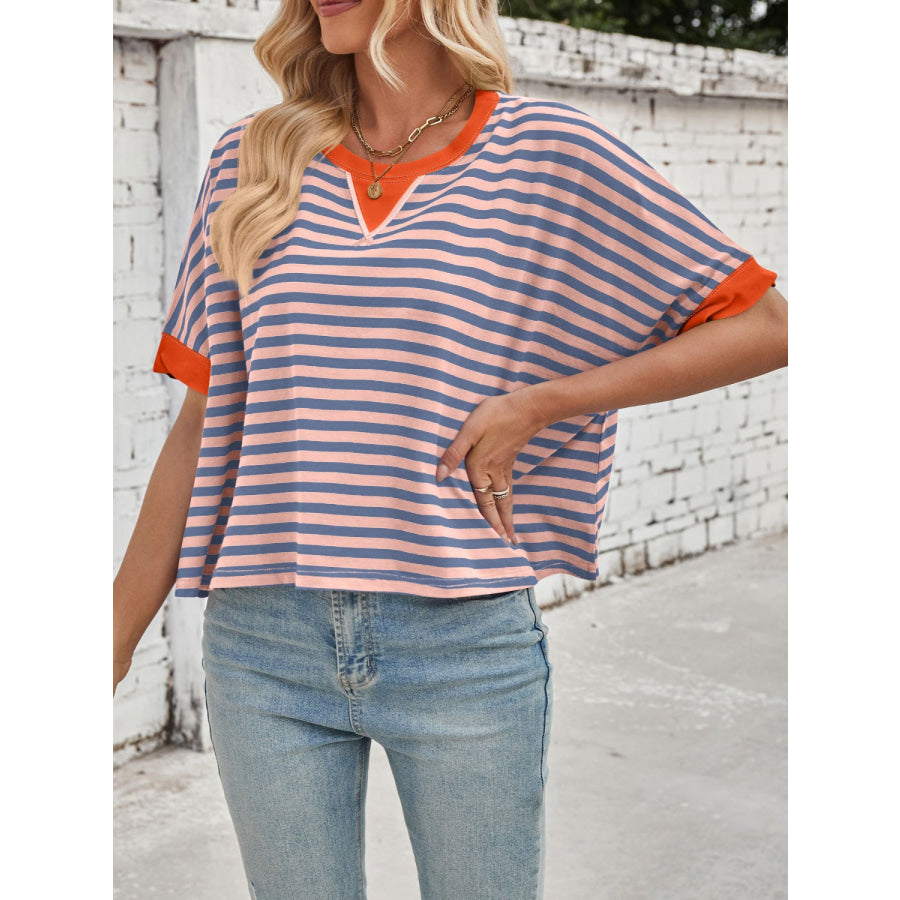 Lovelet Striped Round Neck Short Sleeve T-Shirt Apparel and Accessories