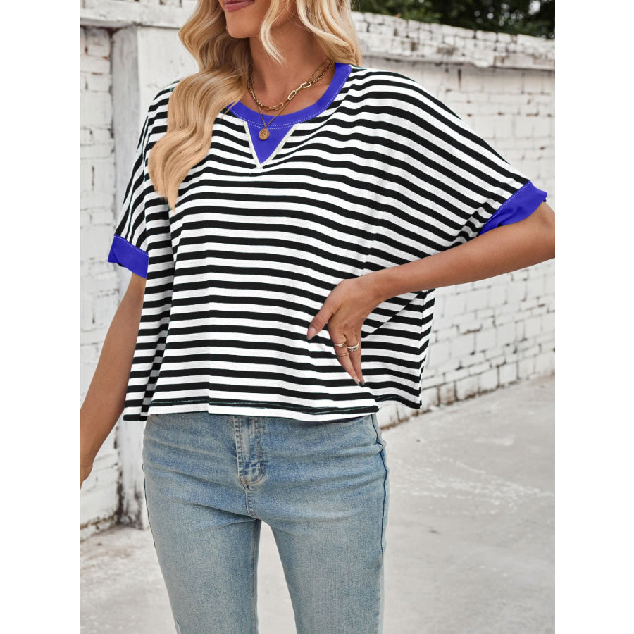 Lovelet Striped Round Neck Short Sleeve T-Shirt Black / S Apparel and Accessories