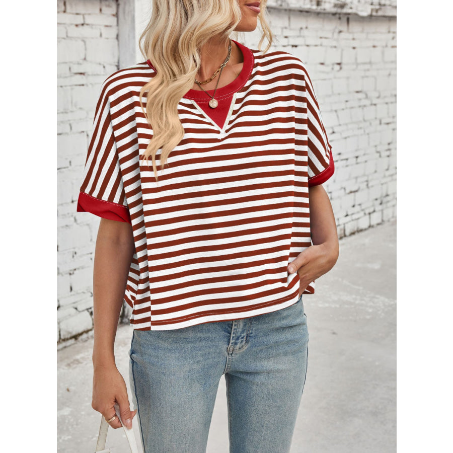 Lovelet Striped Round Neck Short Sleeve T-Shirt Burgundy / S Apparel and Accessories