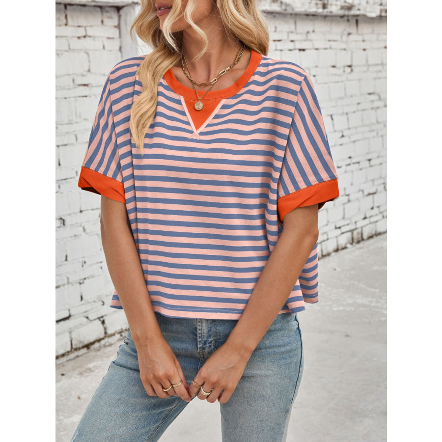 Lovelet Striped Round Neck Short Sleeve T-Shirt Lilac / S Apparel and Accessories