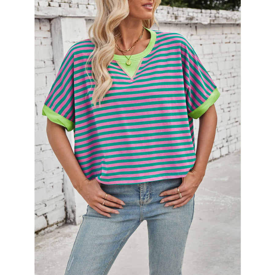 Lovelet Striped Round Neck Short Sleeve T-Shirt Turquoise / S Apparel and Accessories