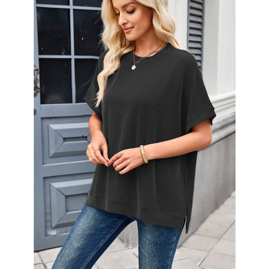 Lovelet Texture Round Neck Short Sleeve T-Shirt Apparel and Accessories