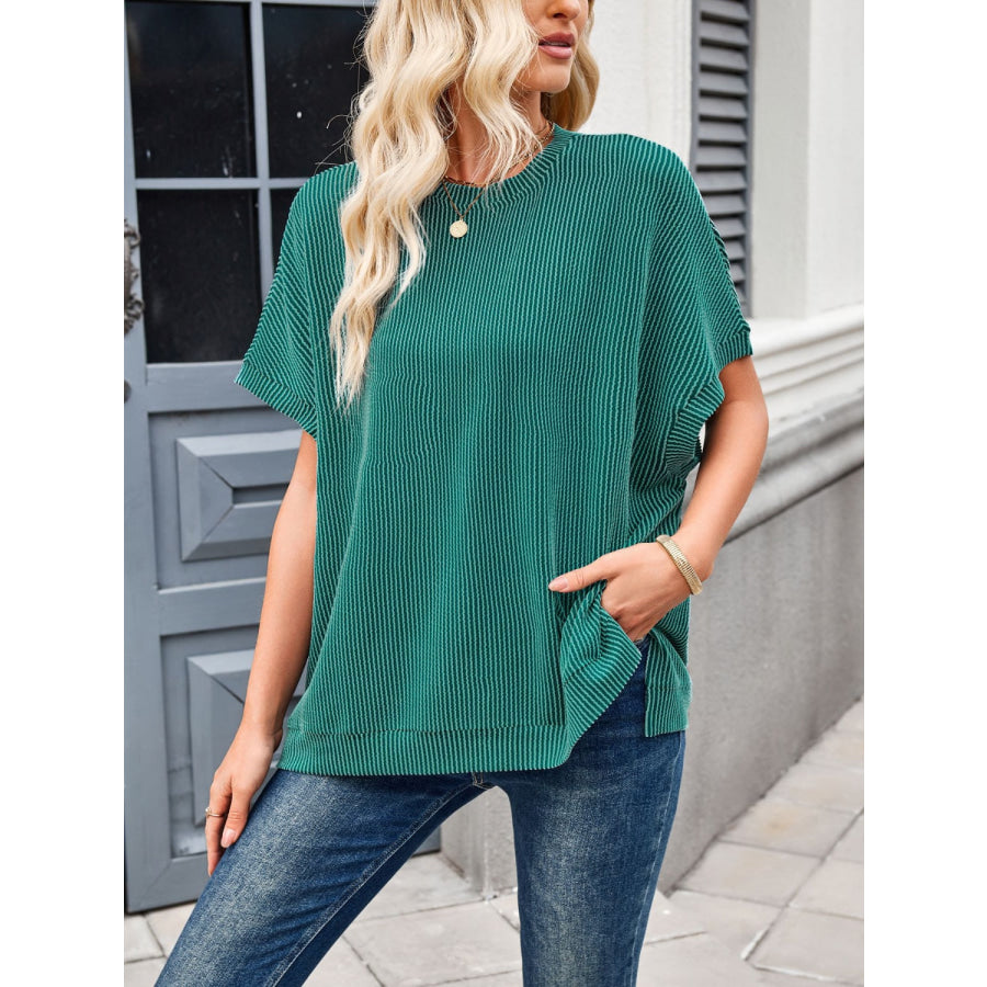 Lovelet Texture Round Neck Short Sleeve T-Shirt Dark Green / S Apparel and Accessories