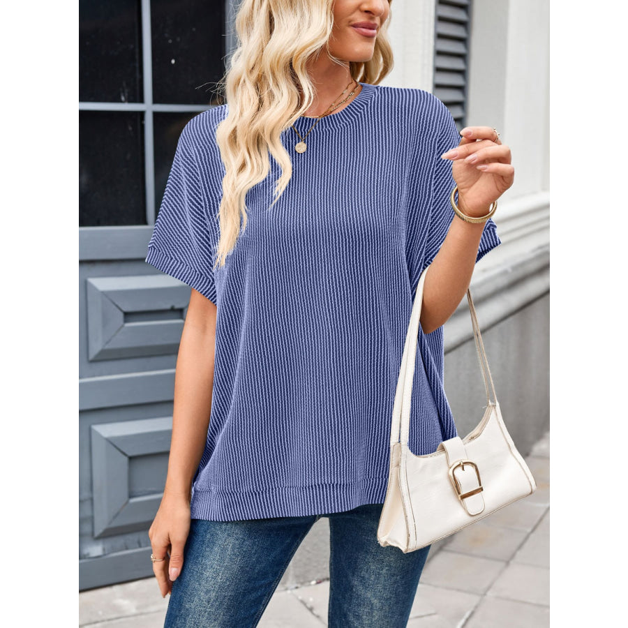 Lovelet Texture Round Neck Short Sleeve T-Shirt Royal Blue / S Apparel and Accessories