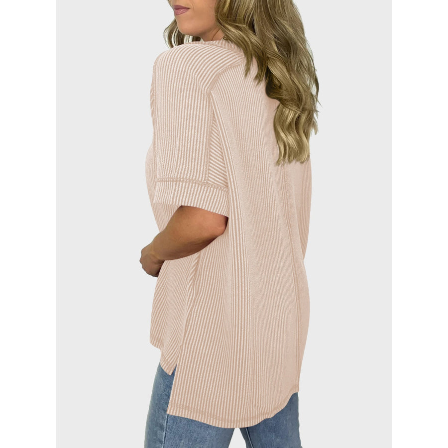 Lovelet Texture V-Neck Half Sleeve T-Shirt Apparel and Accessories