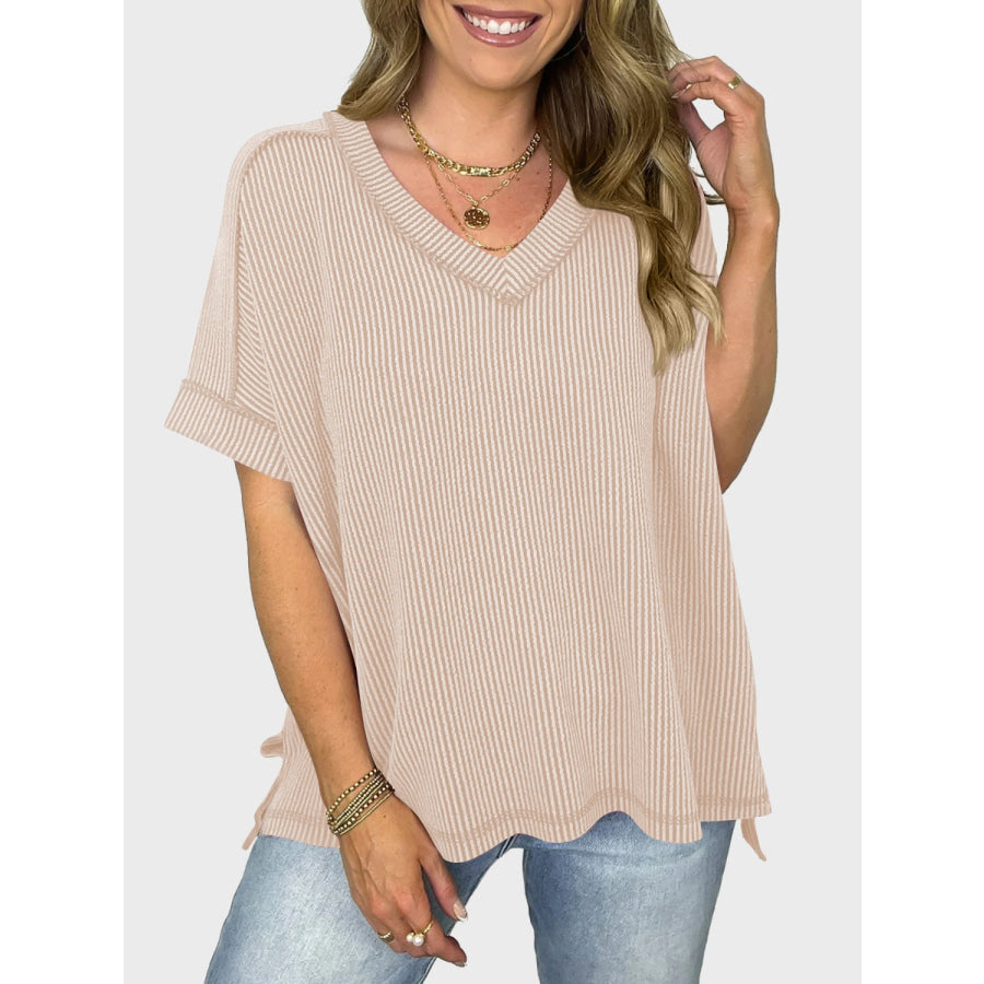 Lovelet Texture V-Neck Half Sleeve T-Shirt Apparel and Accessories