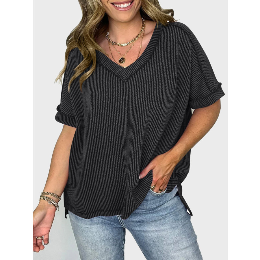 Lovelet Texture V-Neck Half Sleeve T-Shirt Apparel and Accessories