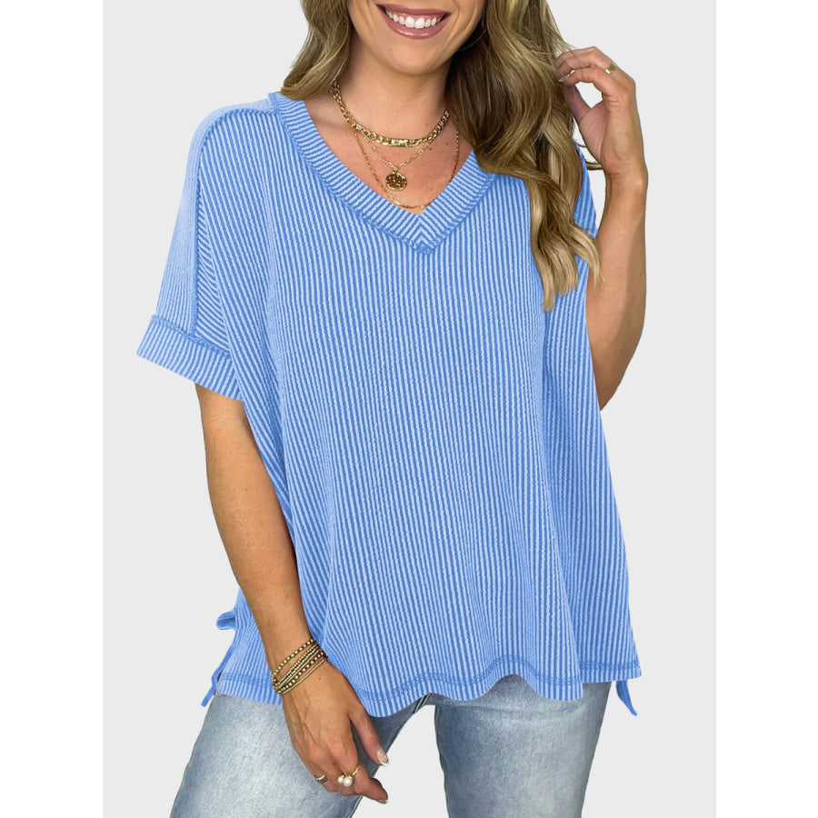 Lovelet Texture V-Neck Half Sleeve T-Shirt Apparel and Accessories