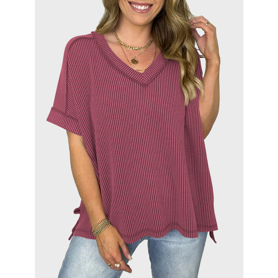 Lovelet Texture V-Neck Half Sleeve T-Shirt Apparel and Accessories