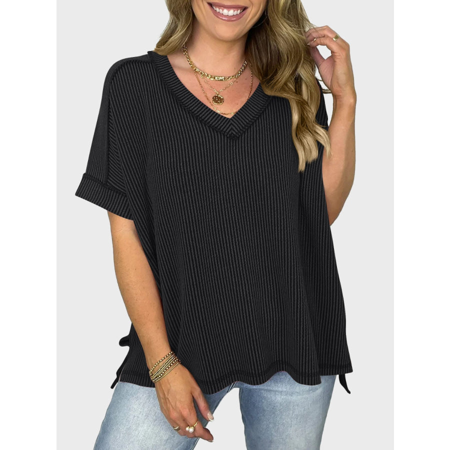 Lovelet Texture V-Neck Half Sleeve T-Shirt Apparel and Accessories