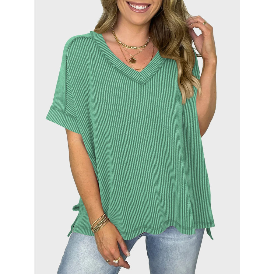 Lovelet Texture V-Neck Half Sleeve T-Shirt Apparel and Accessories