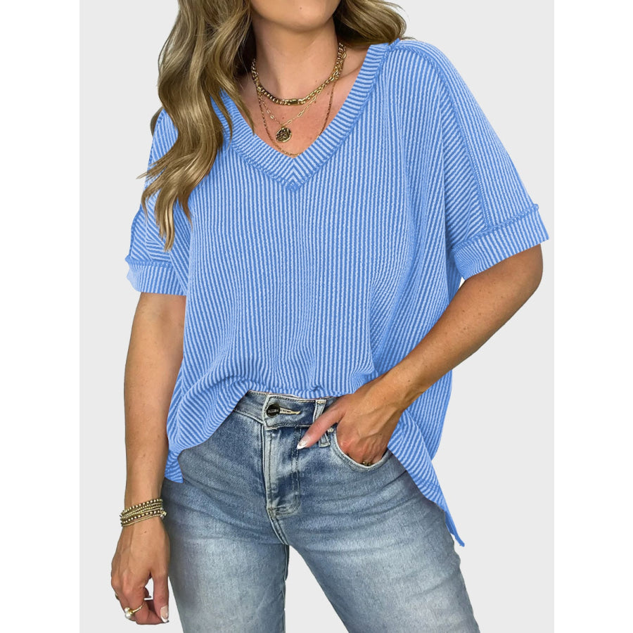 Lovelet Texture V-Neck Half Sleeve T-Shirt Apparel and Accessories