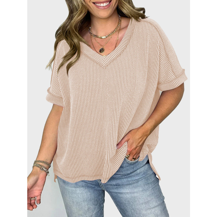 Lovelet Texture V-Neck Half Sleeve T-Shirt Apparel and Accessories