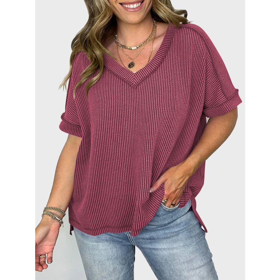 Lovelet Texture V-Neck Half Sleeve T-Shirt Apparel and Accessories