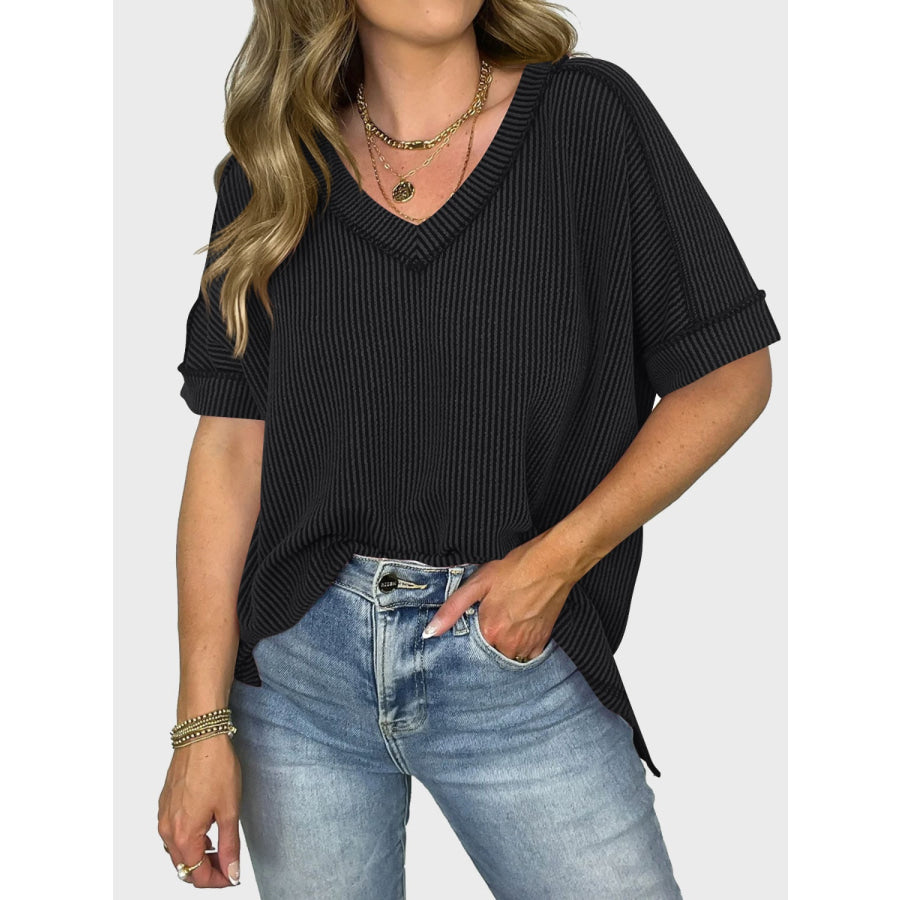 Lovelet Texture V-Neck Half Sleeve T-Shirt Black / S Apparel and Accessories