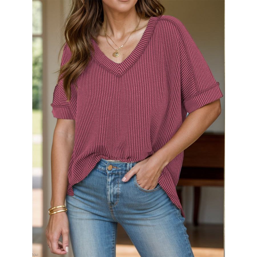 Lovelet Texture V-Neck Half Sleeve T-Shirt Burgundy / S Apparel and Accessories