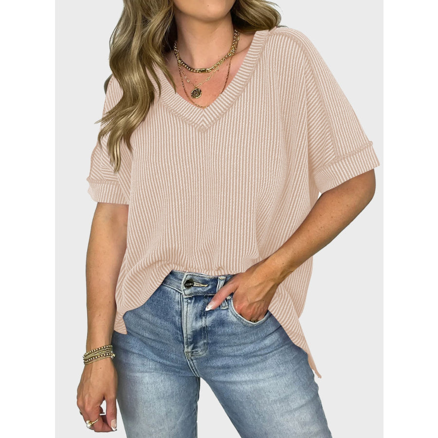 Lovelet Texture V-Neck Half Sleeve T-Shirt Dust Storm / S Apparel and Accessories