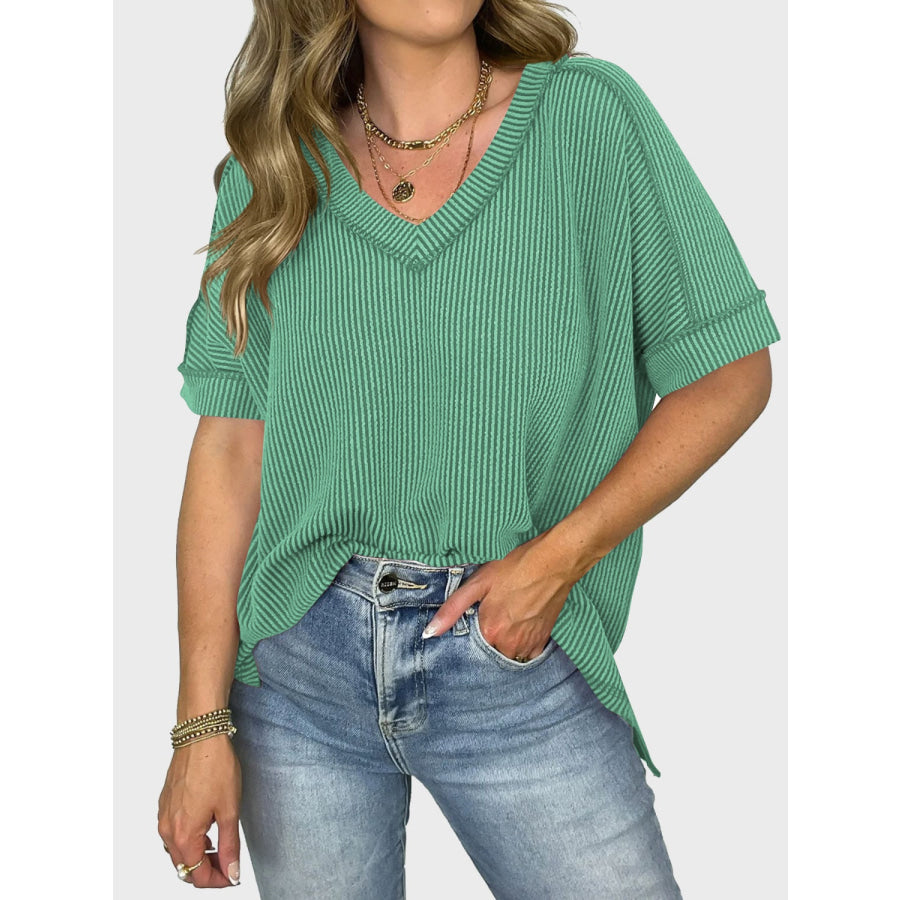 Lovelet Texture V-Neck Half Sleeve T-Shirt Green / S Apparel and Accessories