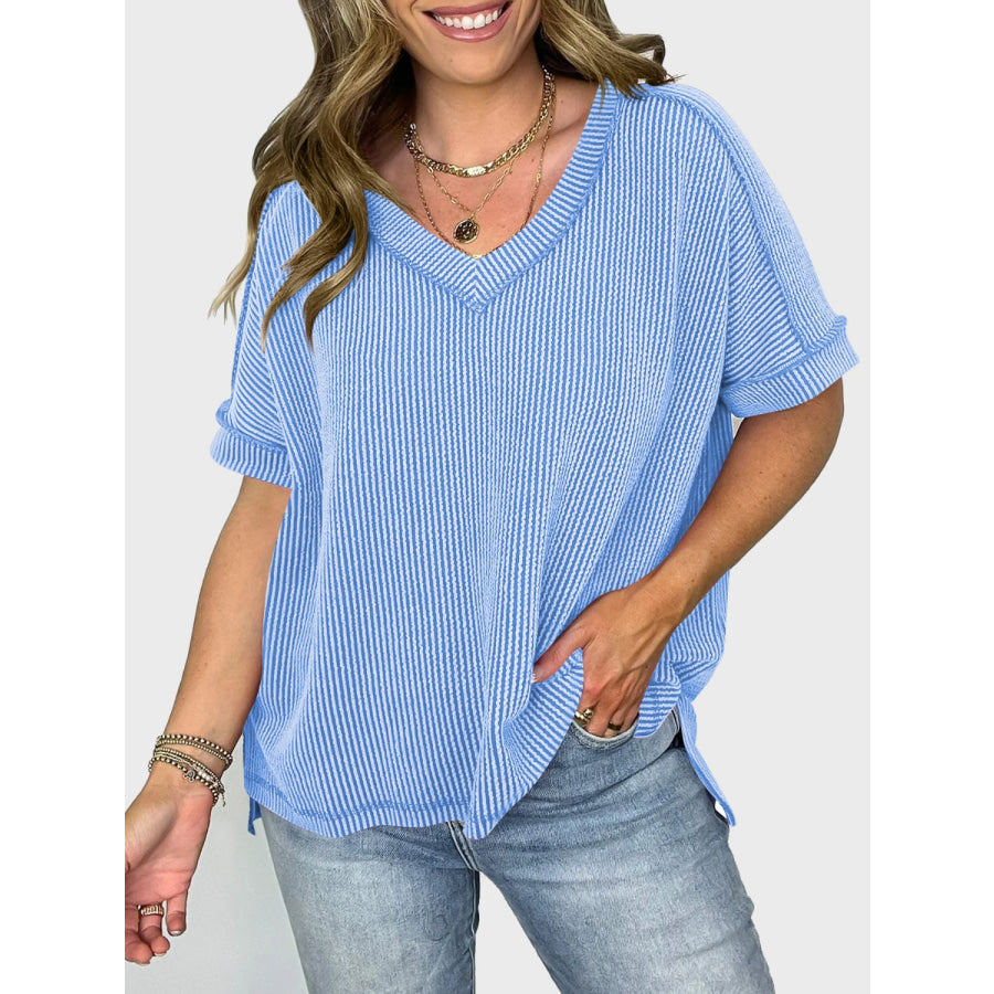 Lovelet Texture V-Neck Half Sleeve T-Shirt Sky Blue / S Apparel and Accessories