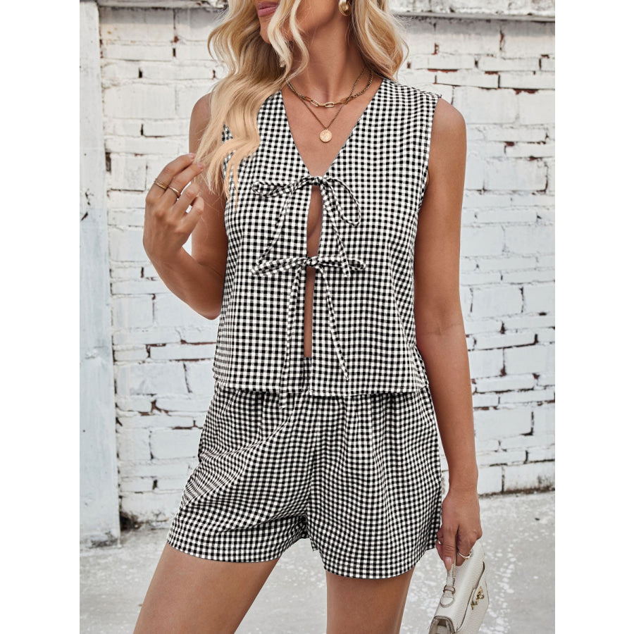 Lovelet Tied Plaid V-Neck Vest and Shorts Set Apparel and Accessories