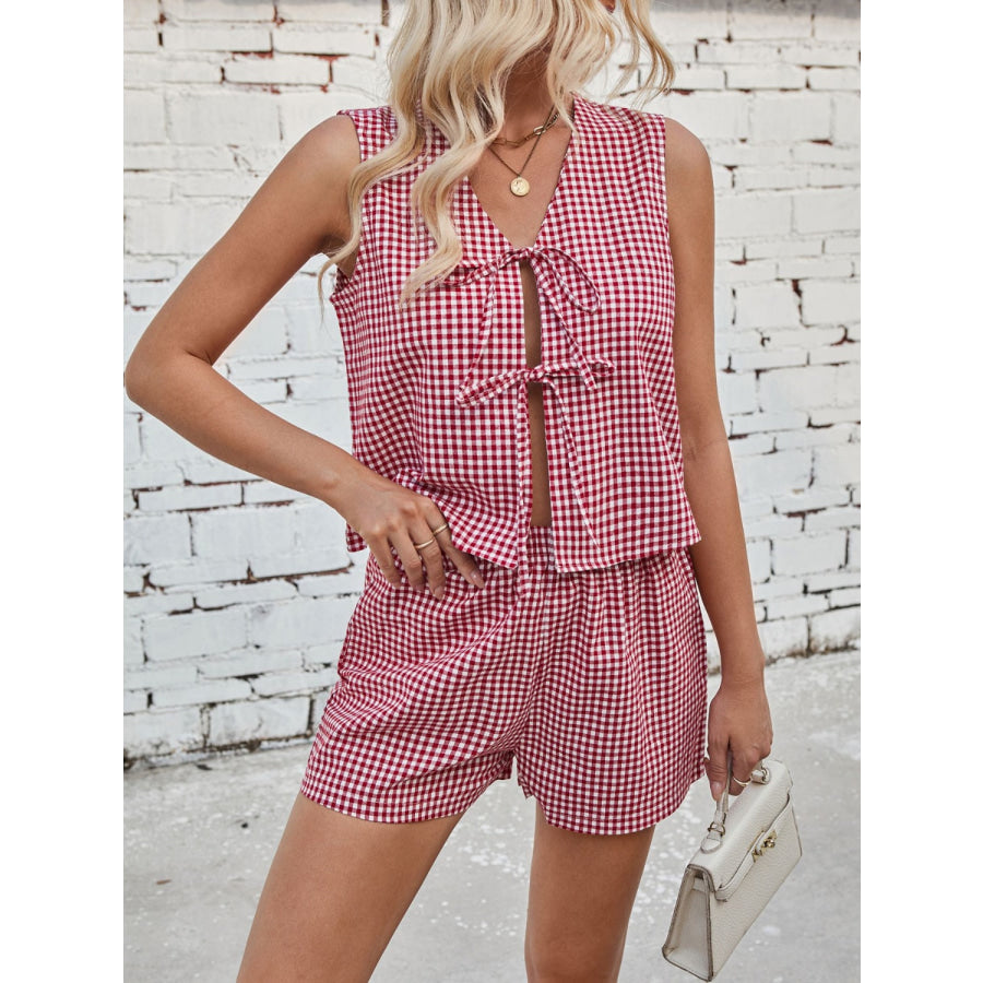 Lovelet Tied Plaid V-Neck Vest and Shorts Set Apparel and Accessories