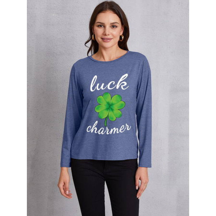 LUCK CHARMER Lucky Clover Round Neck T - Shirt Dusty Blue / S Apparel and Accessories