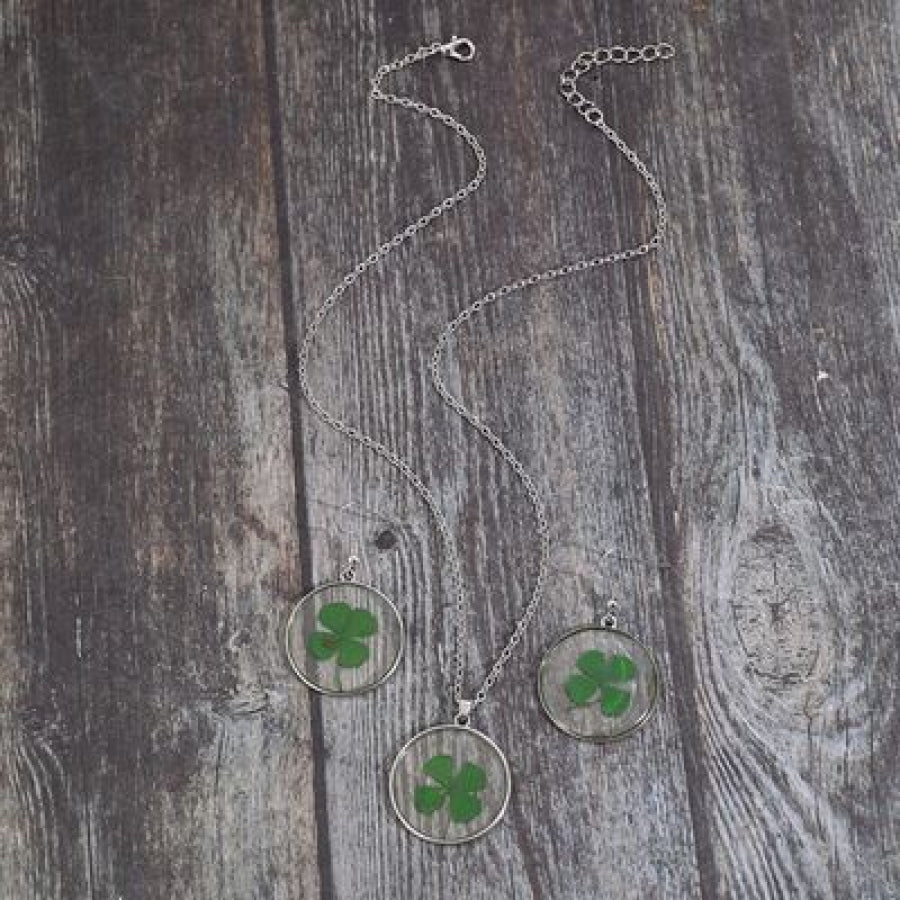 Lucky Clover Alloy Acrylic Earrings and Necklace Jewelry Set Mid Green / One Size Apparel Accessories