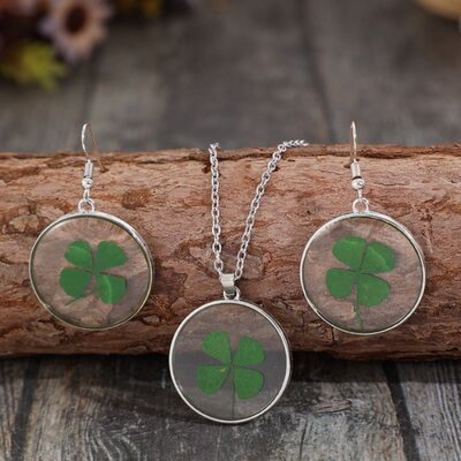 Lucky Clover Alloy Acrylic Earrings and Necklace Jewelry Set Mid Green / One Size Apparel Accessories