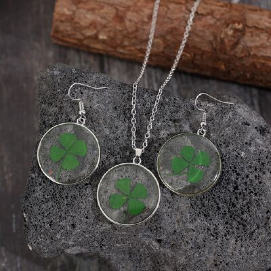 Lucky Clover Alloy Acrylic Earrings and Necklace Jewelry Set Mid Green / One Size Apparel Accessories