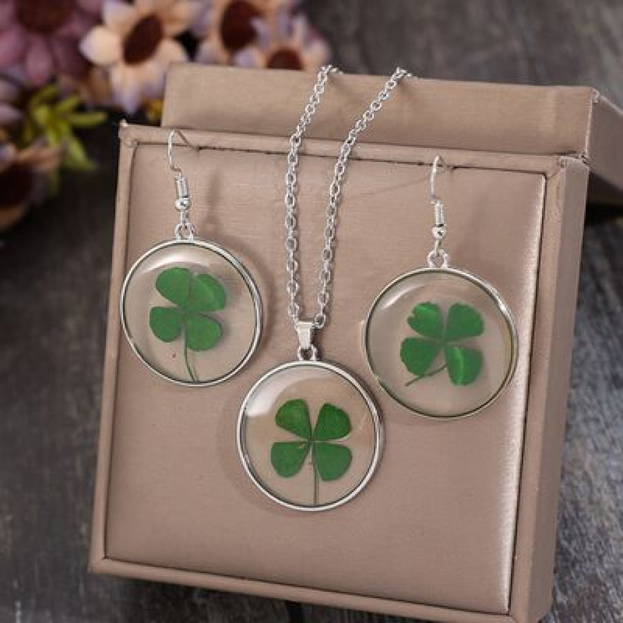 Lucky Clover Alloy Acrylic Earrings and Necklace Jewelry Set Mid Green / One Size Apparel Accessories