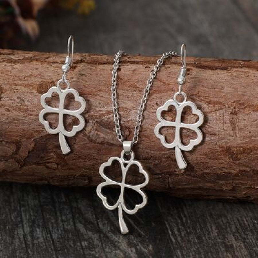 Lucky Clover Alloy Earrings and Necklace Jewelry Set Silver / One Size Apparel Accessories