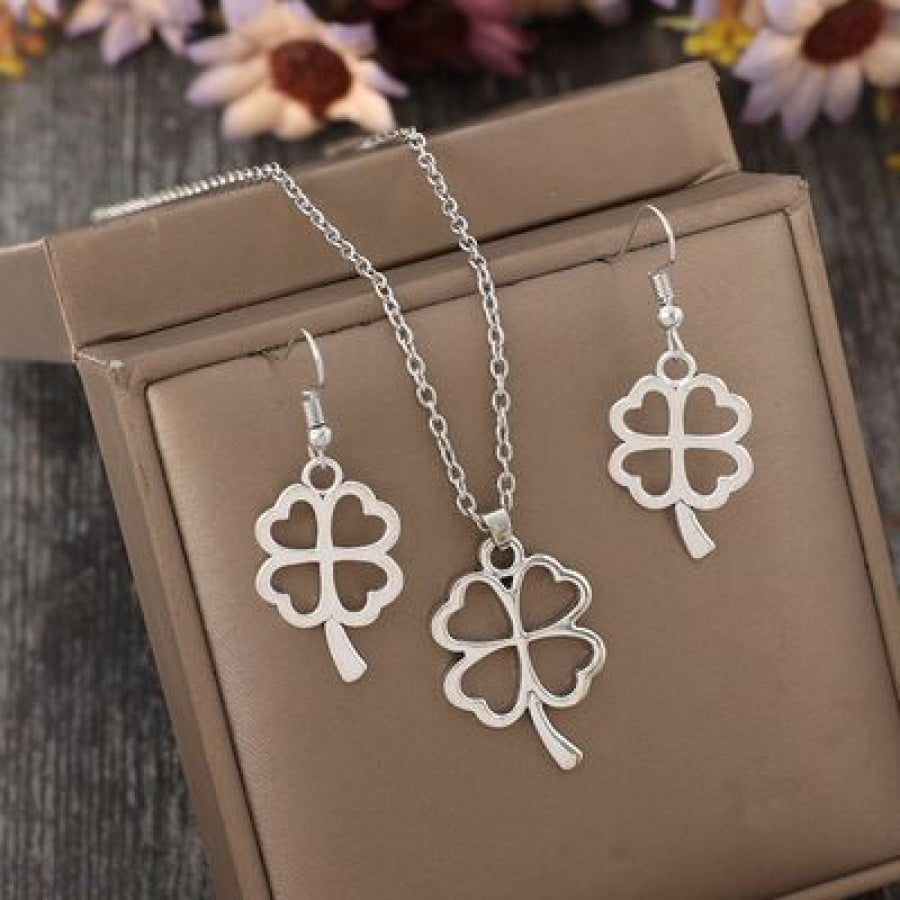 Lucky Clover Alloy Earrings and Necklace Jewelry Set Silver / One Size Apparel Accessories