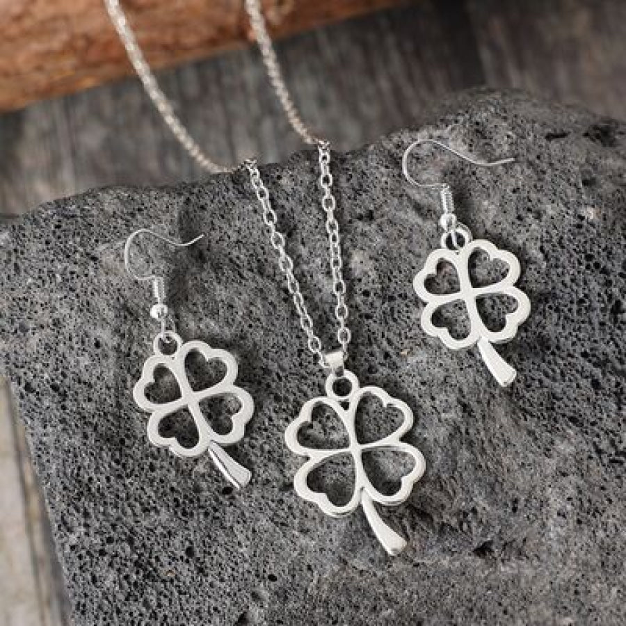 Lucky Clover Alloy Earrings and Necklace Jewelry Set Silver / One Size Apparel Accessories