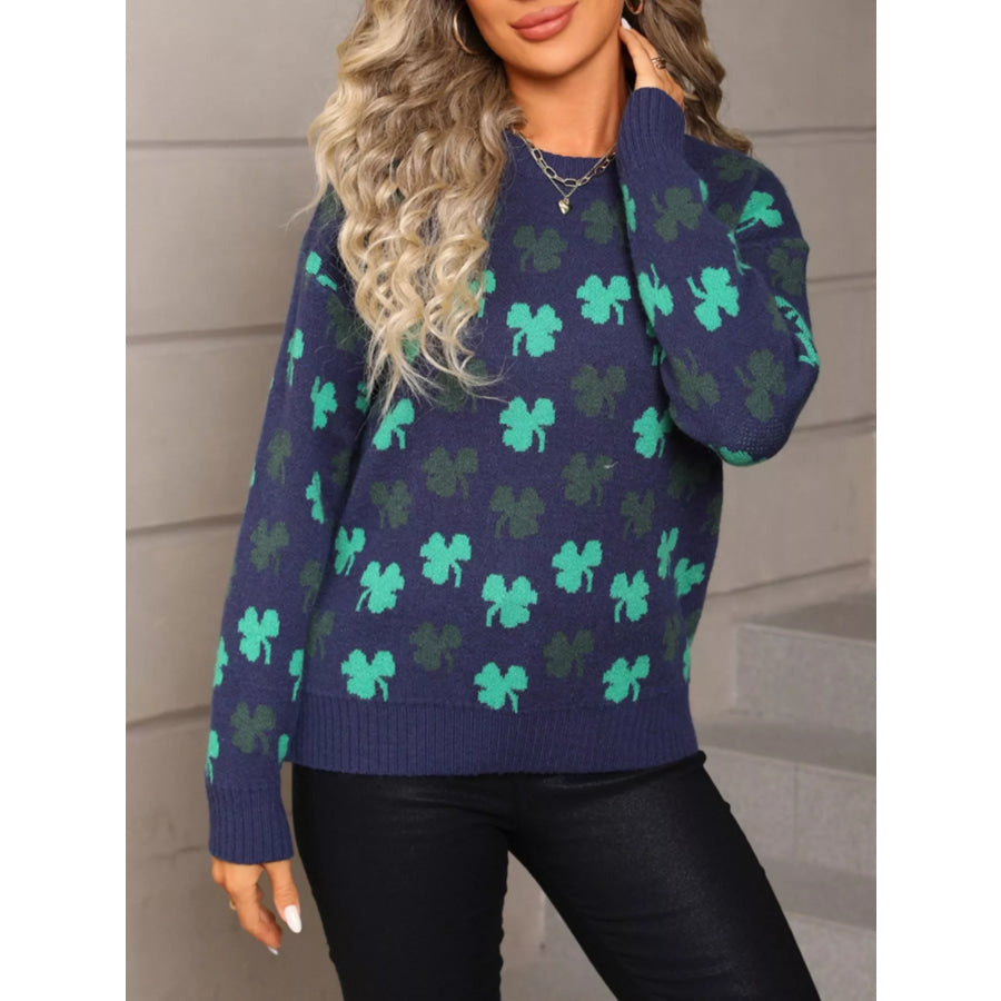 Lucky Clover Crew Neck Sweater Navy Blue / S Apparel and Accessories