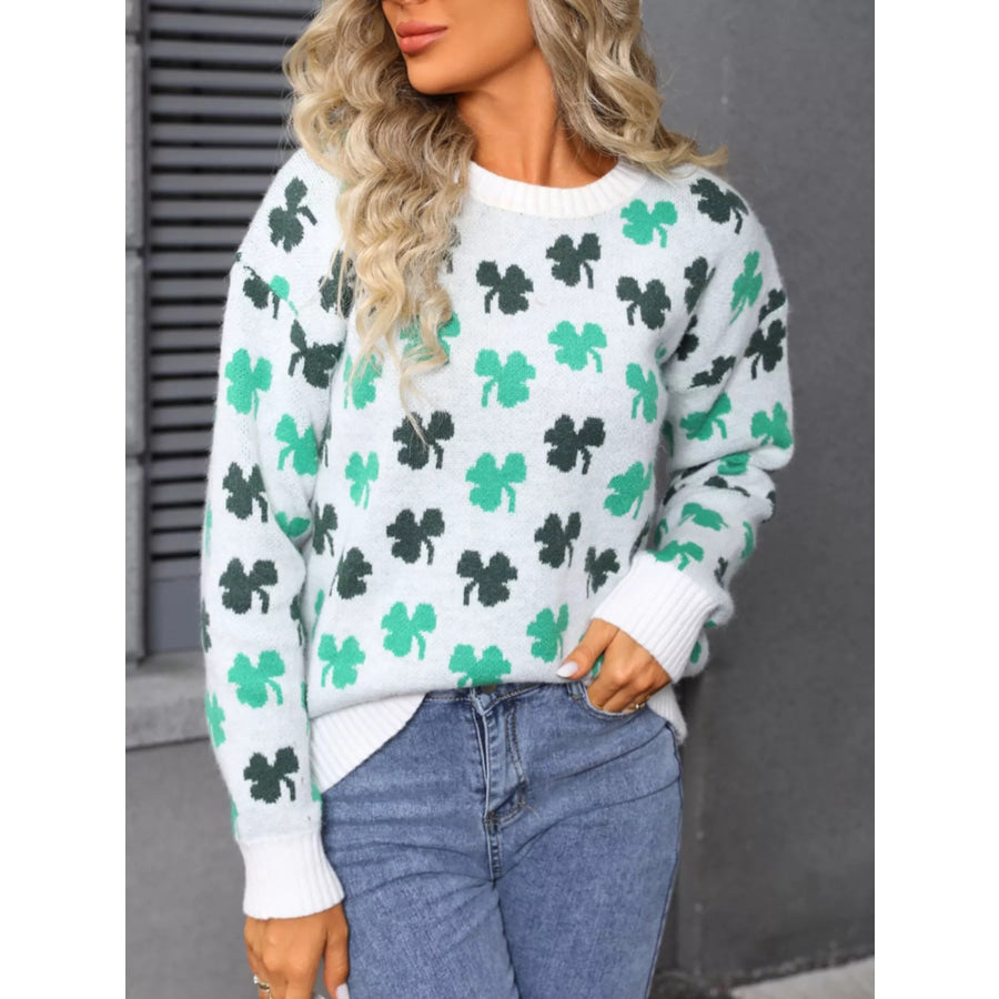 Lucky Clover Crew Neck Sweater White / S Apparel and Accessories