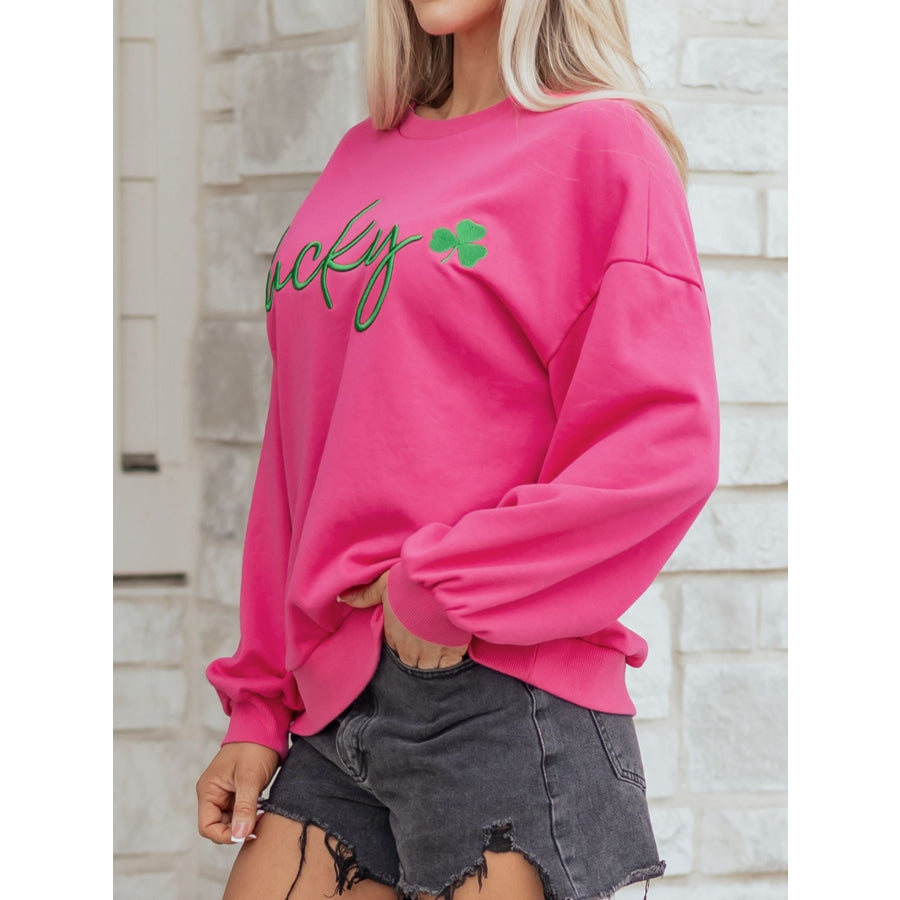 Lucky Clover Embroidered Loose Pullover Sweatshirt Apparel and Accessories
